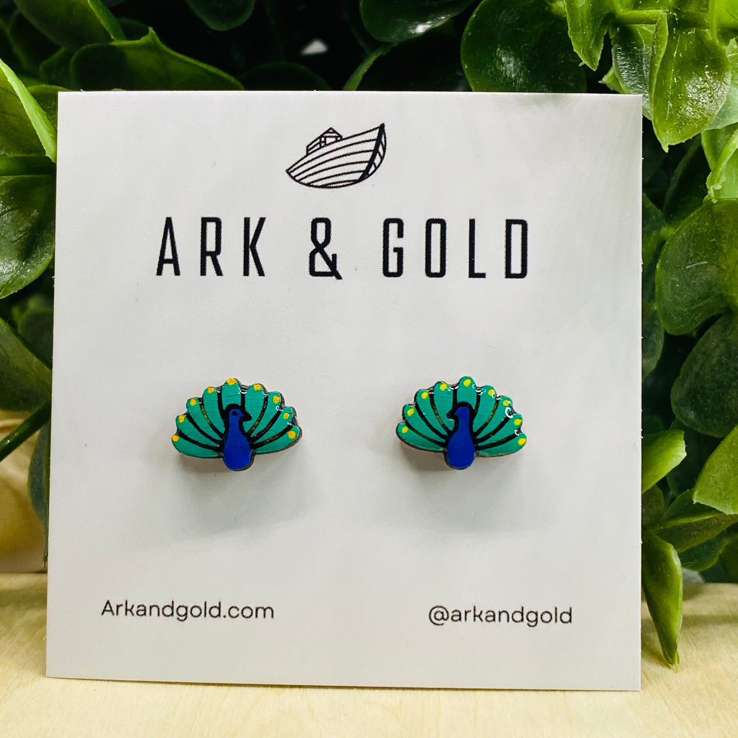 Peacock Studs- Handmade Wood Earrings