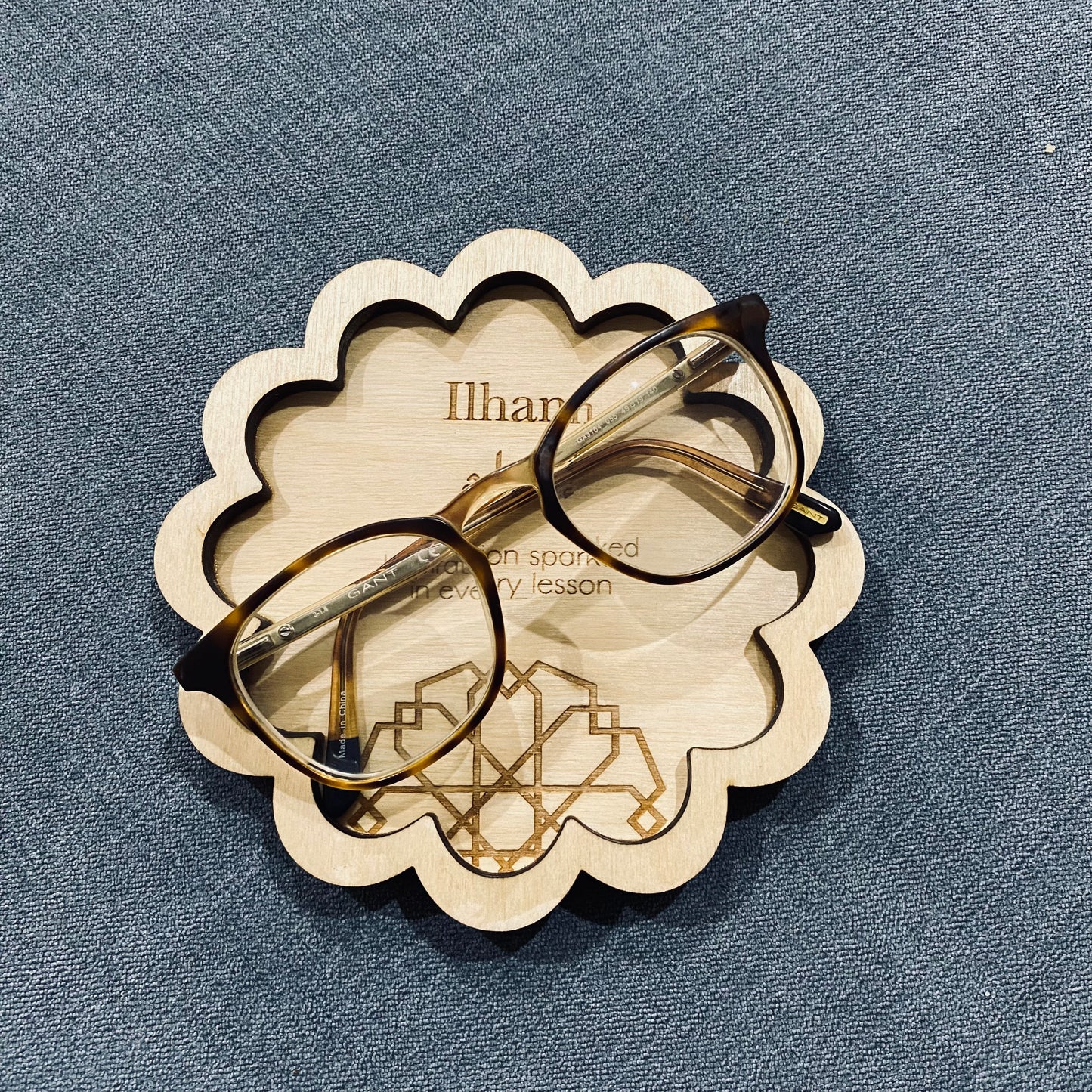 Wood Trinket Tray with Arabic Calligraphy Scallop Shape