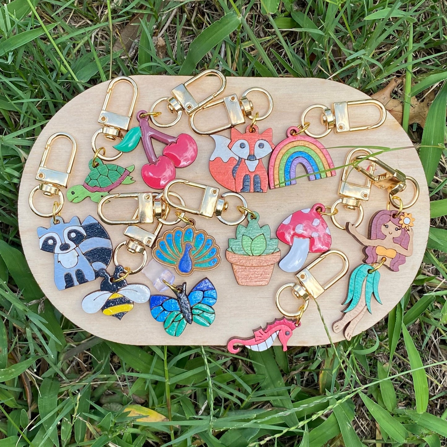 Peacock- Handmade Wood Bag Charm