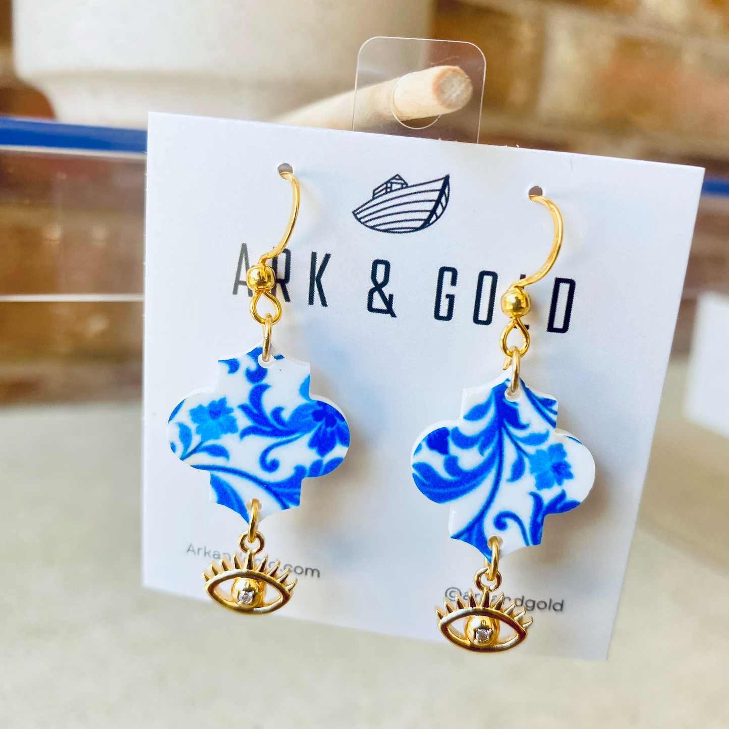 Blue and White Dangle Earrings with Evil Eye Charm