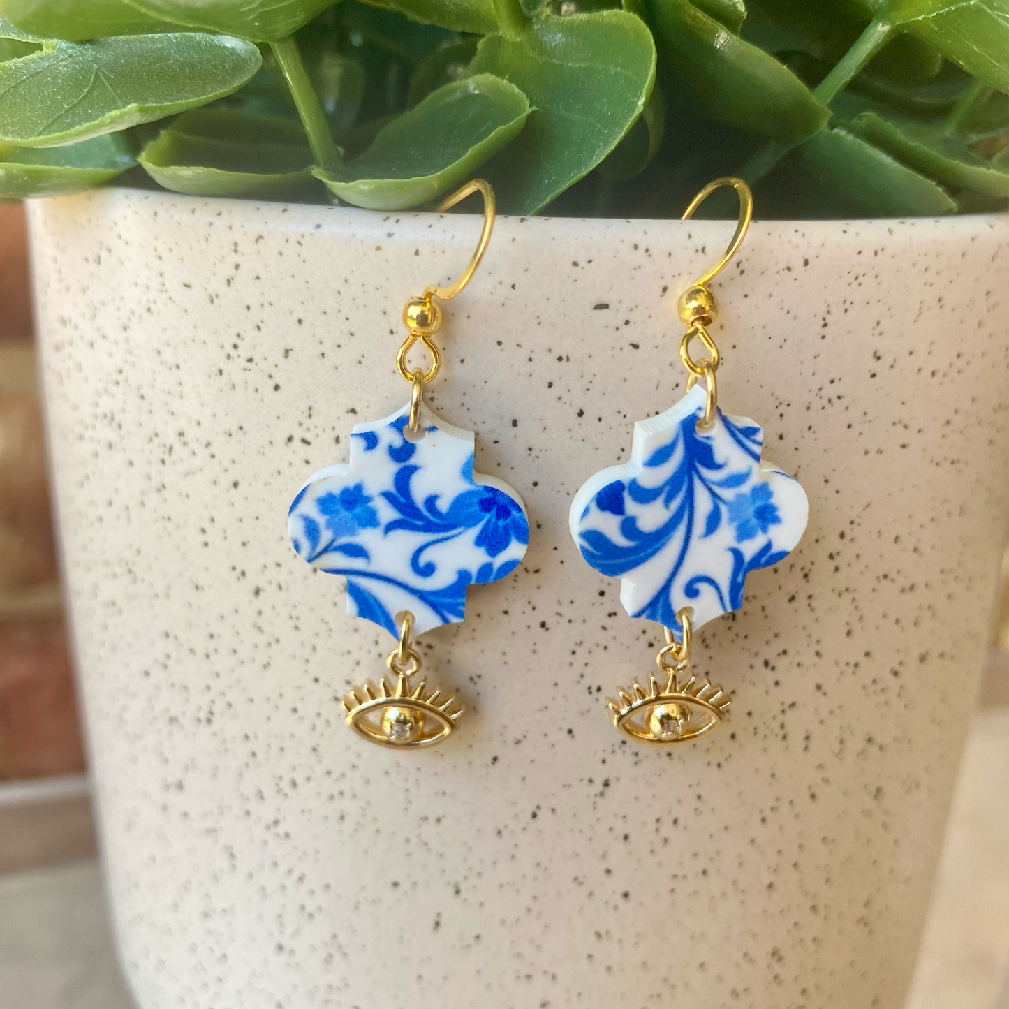 Blue and White Dangle Earrings with Evil Eye Charm