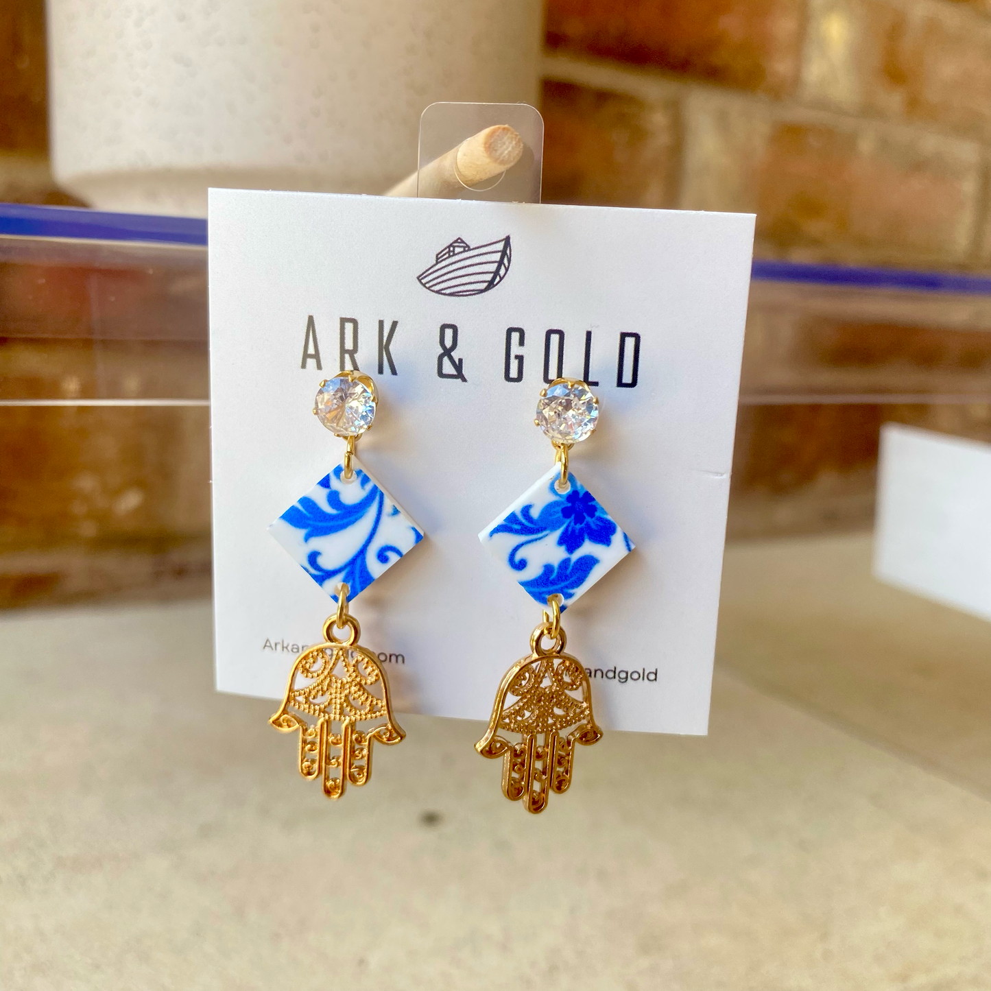 Blue and White Dangle Earrings with Hamsa Charm