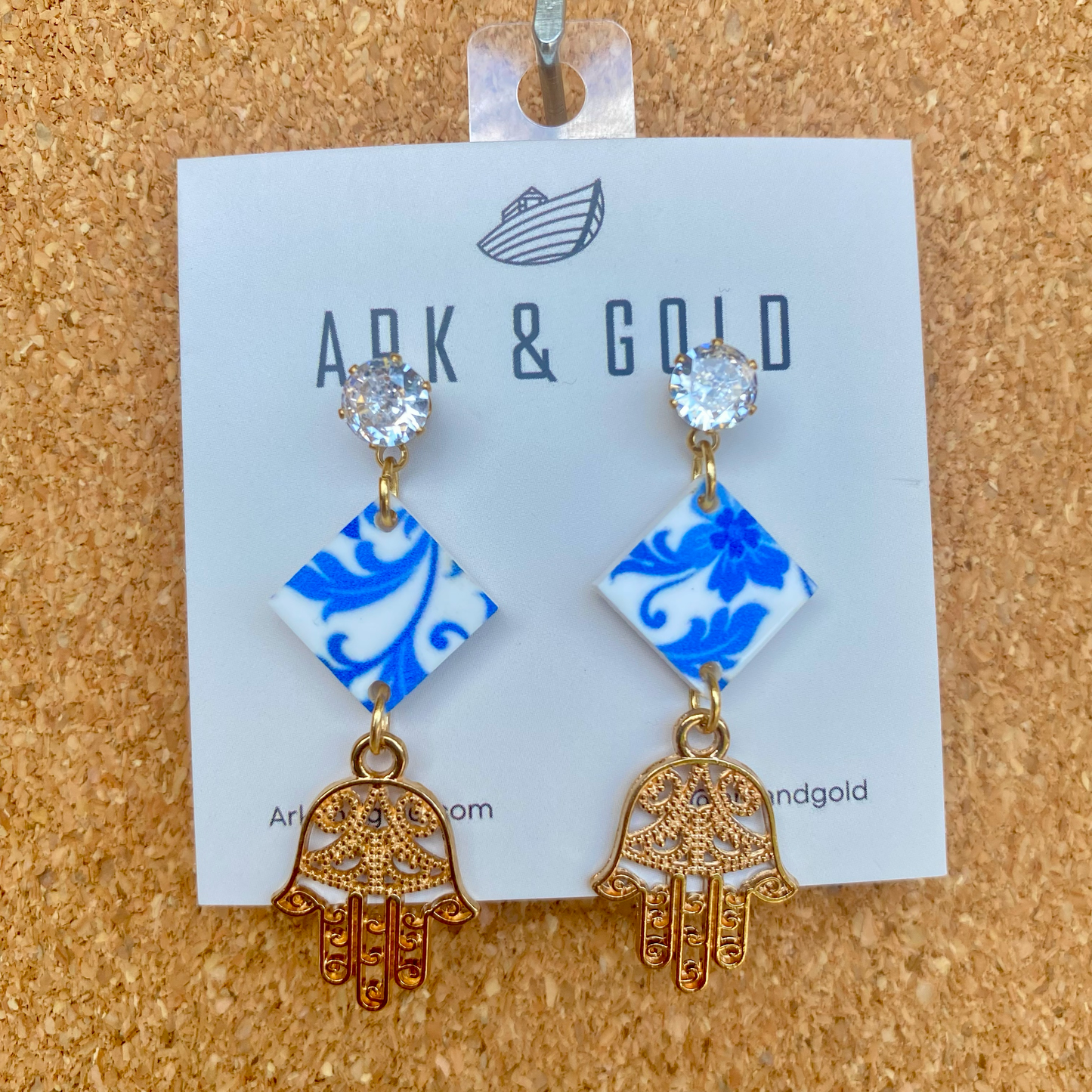 Blue and White Dangle Earrings with Hamsa Charm