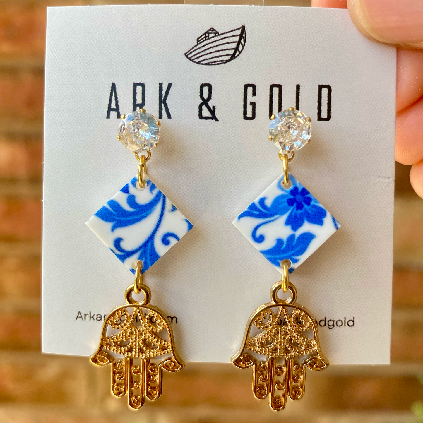Blue and White Dangle Earrings with Hamsa Charm
