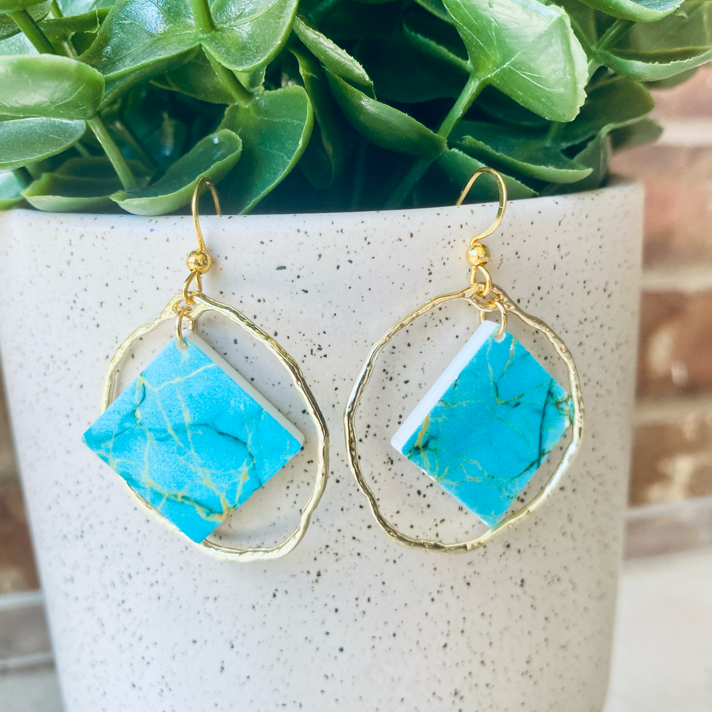 Turquoise Hoop Earrings – Geometric Diamond Acrylic Dangles