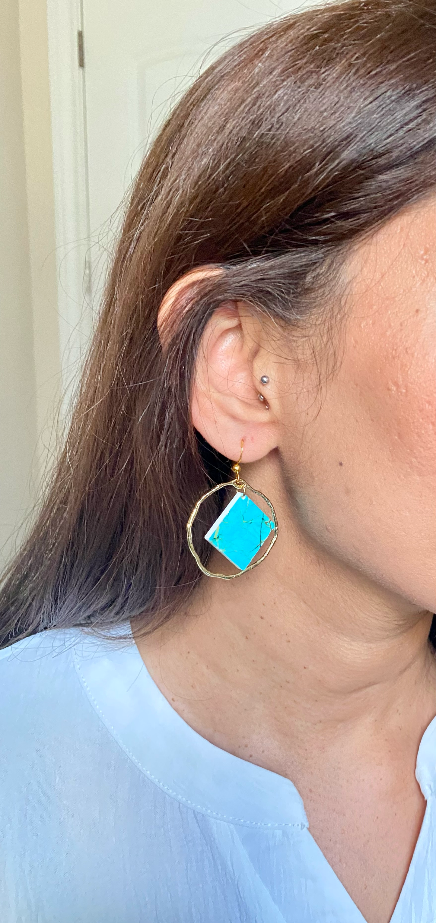 Turquoise Hoop Earrings – Geometric Diamond Acrylic Dangles