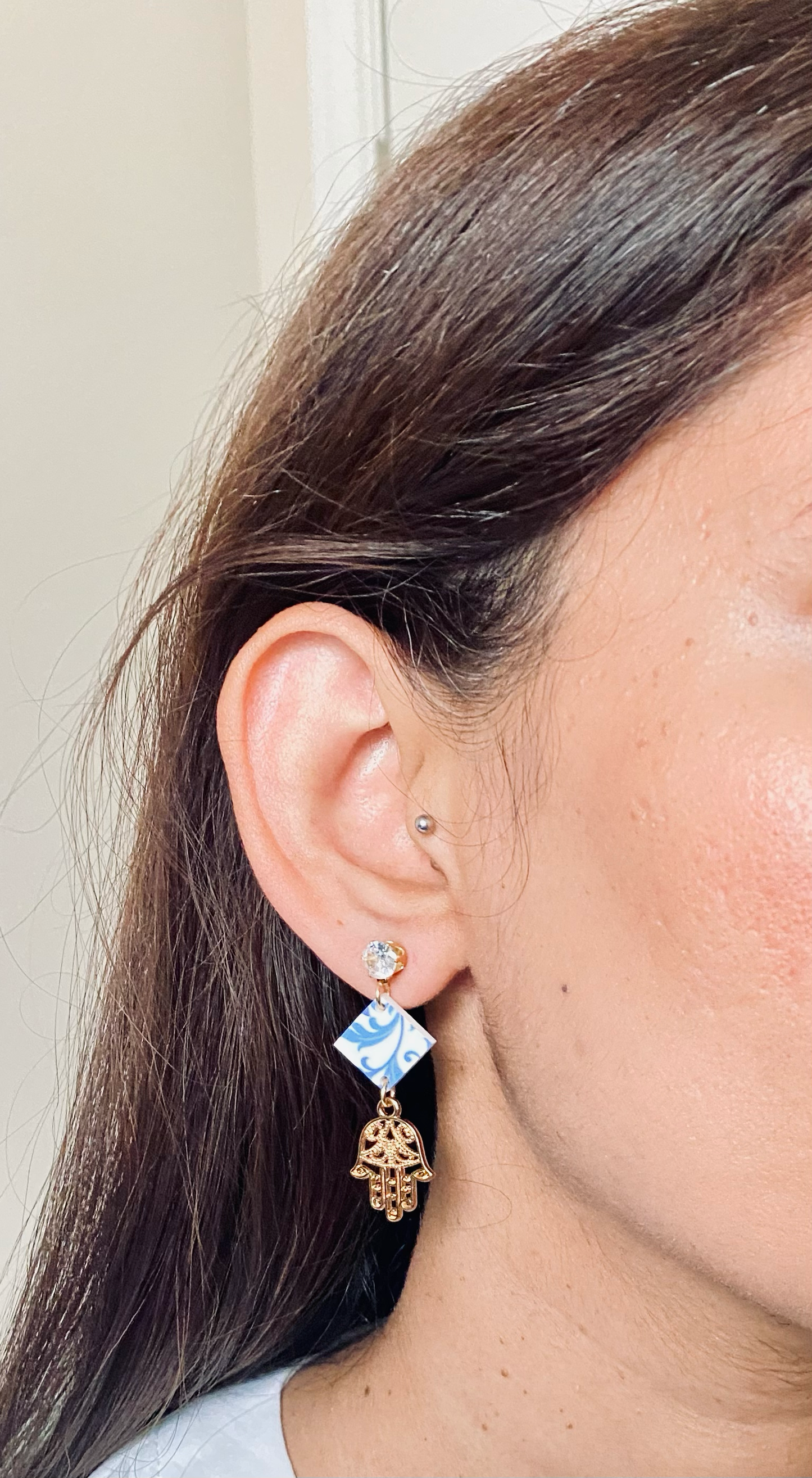 Blue and White Dangle Earrings with Hamsa Charm