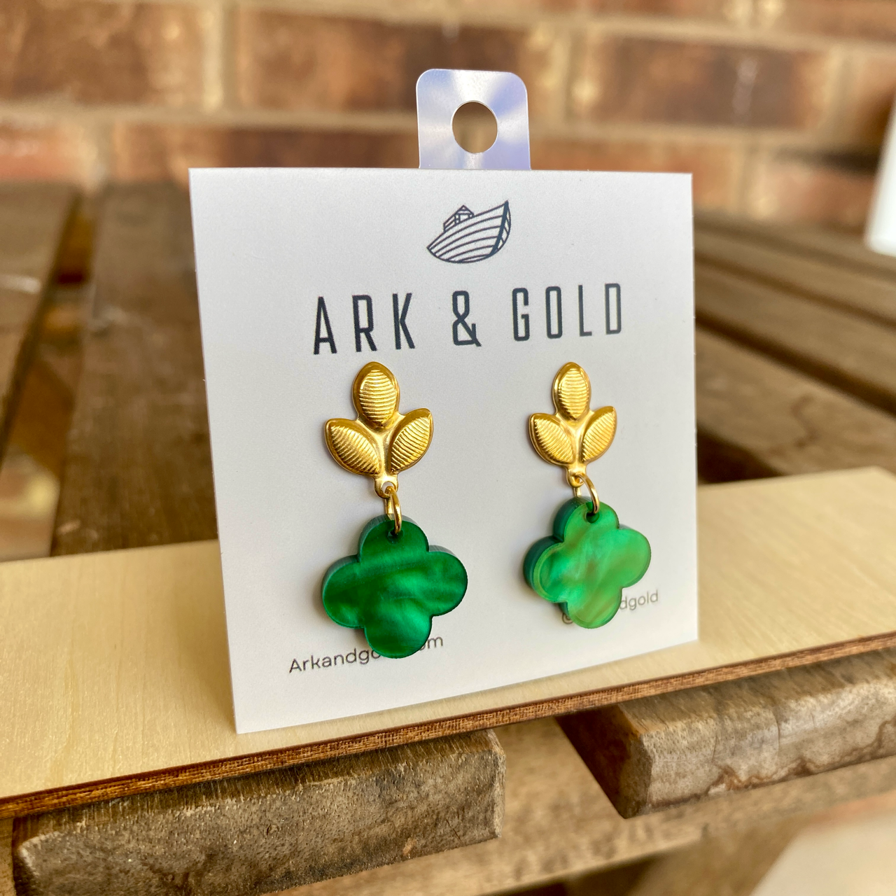 Green Marble Clover Quatrefoil Earrings with Gold Leaf Stud