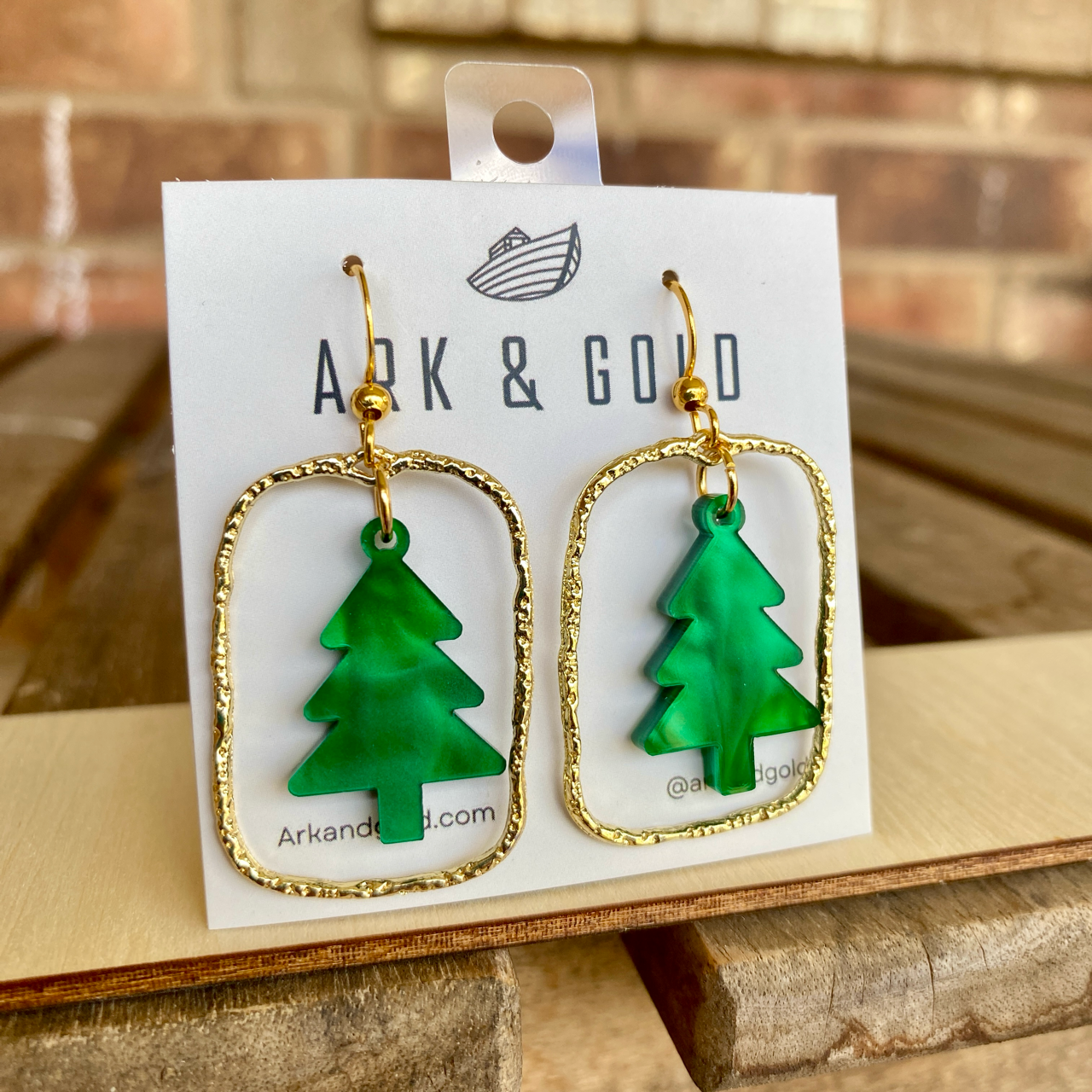 Green Marble Christmas Tree Acrylic Earrings with Handmade Gold Frame