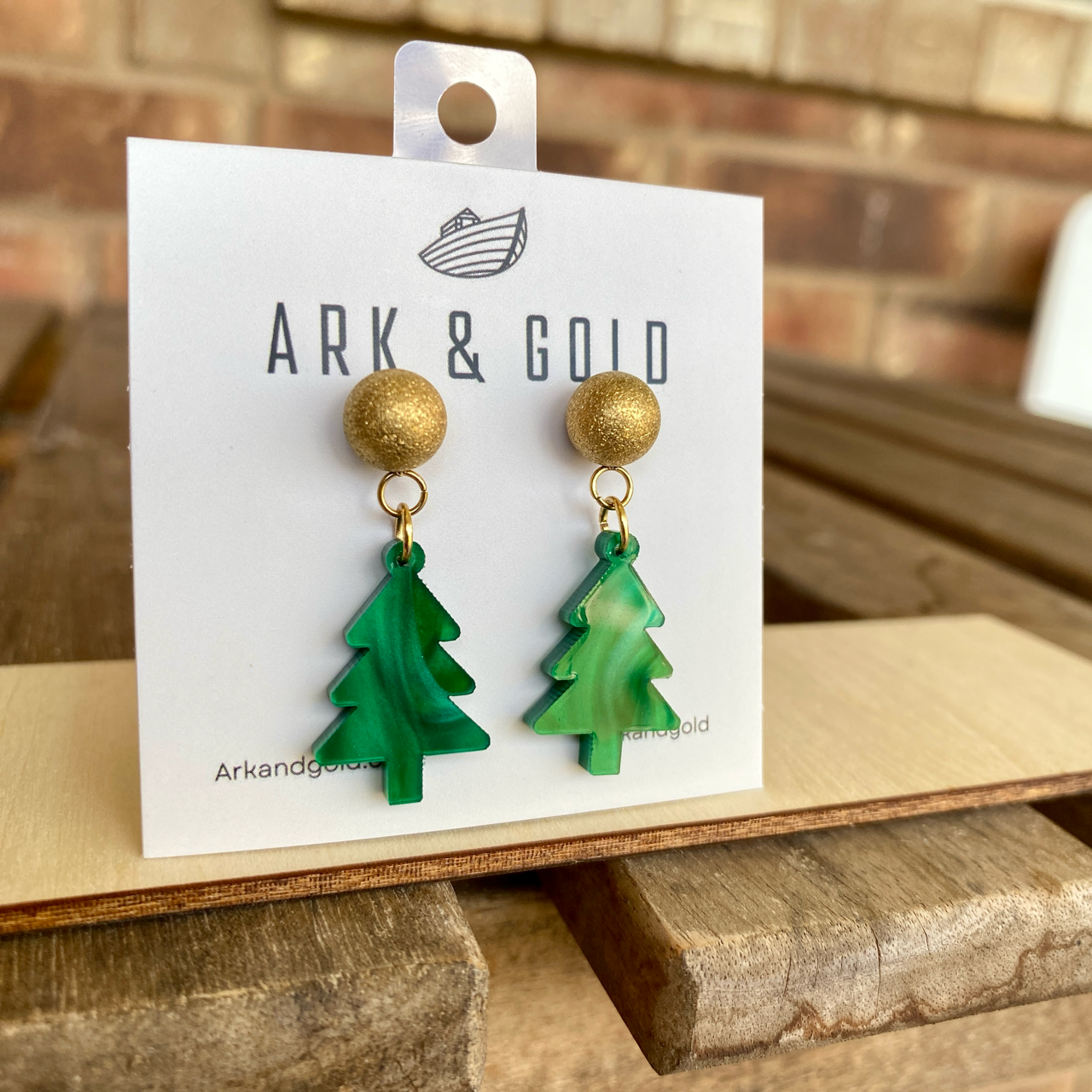 Green Marble Christmas Tree Acrylic Earrings with Gold Stud
