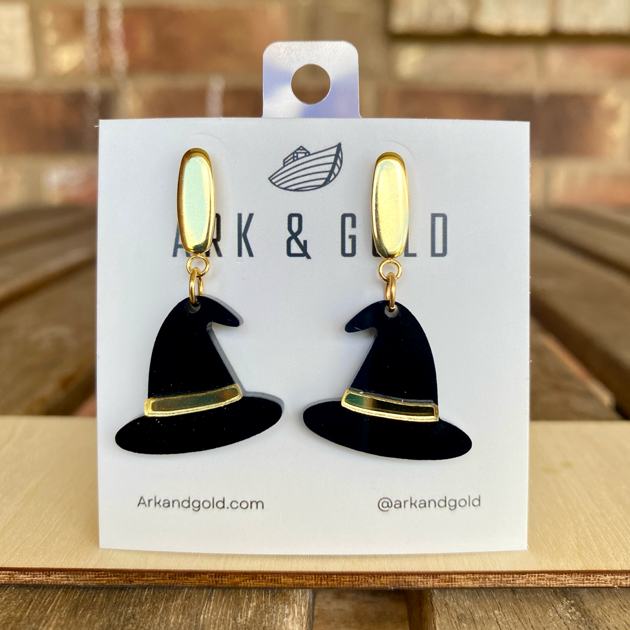 Black and Gold Acrylic Witch Hat Earrings for Halloween