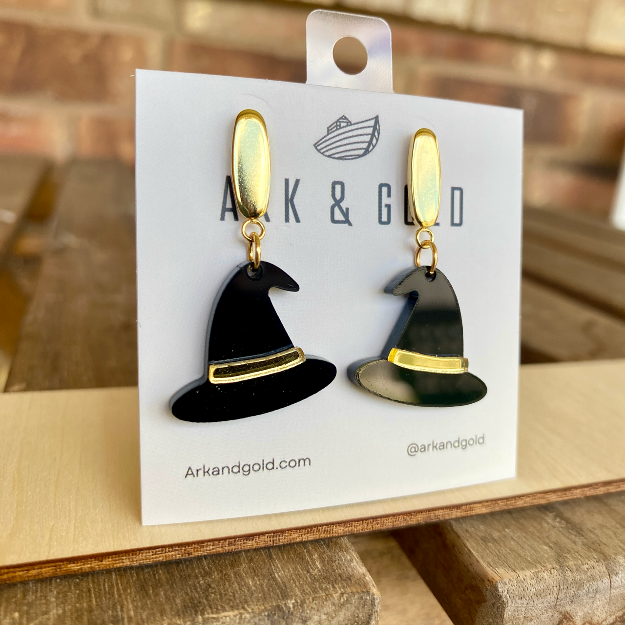 Black and Gold Acrylic Witch Hat Earrings for Halloween