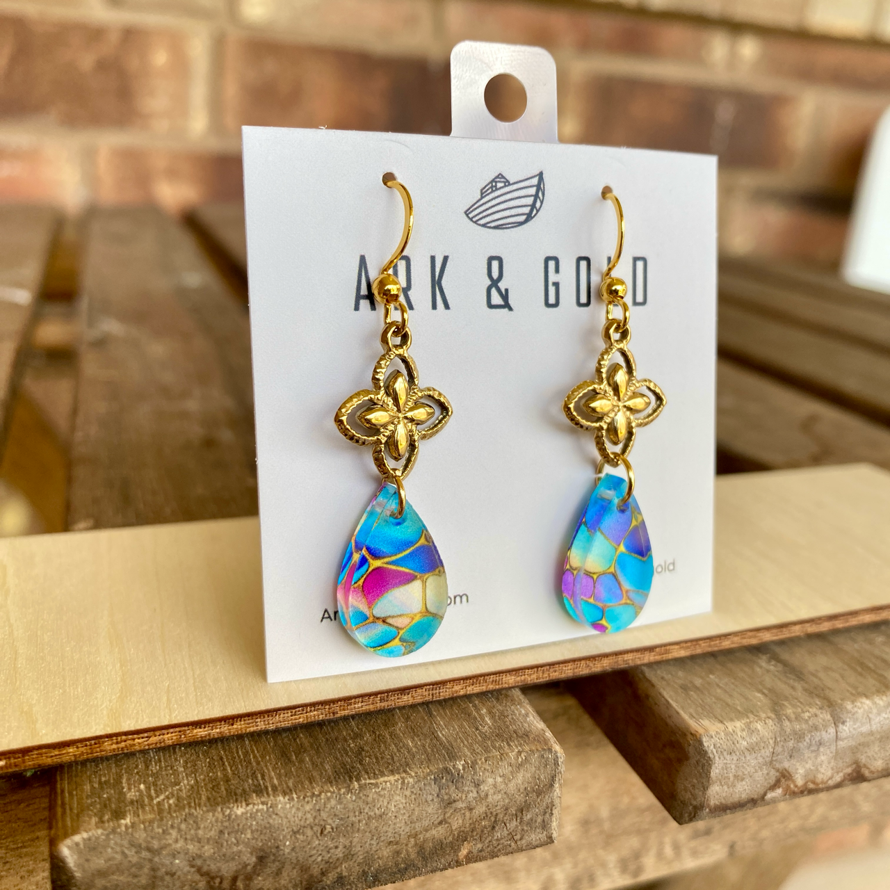 Small Stained Glass Drop Earrings with Gold Clover