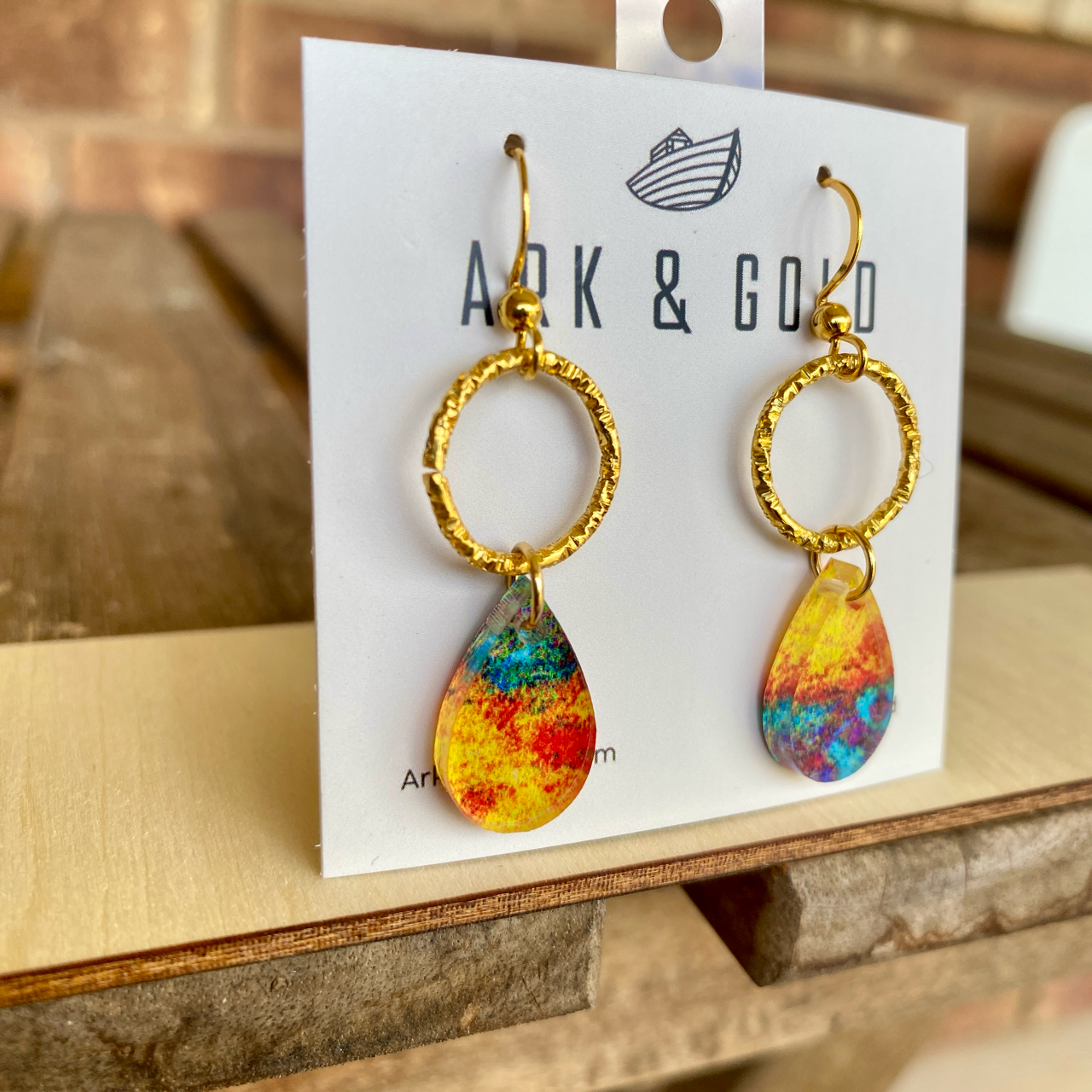 Abstract Yellow and Turquoise Acrylic drop earrings with Gold Ring