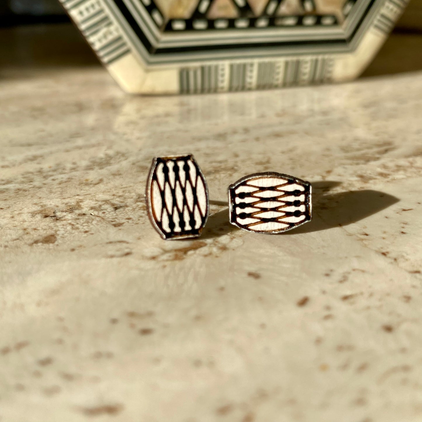 Indian Dhol (Drum) Studs- Handmade Wood Earrings