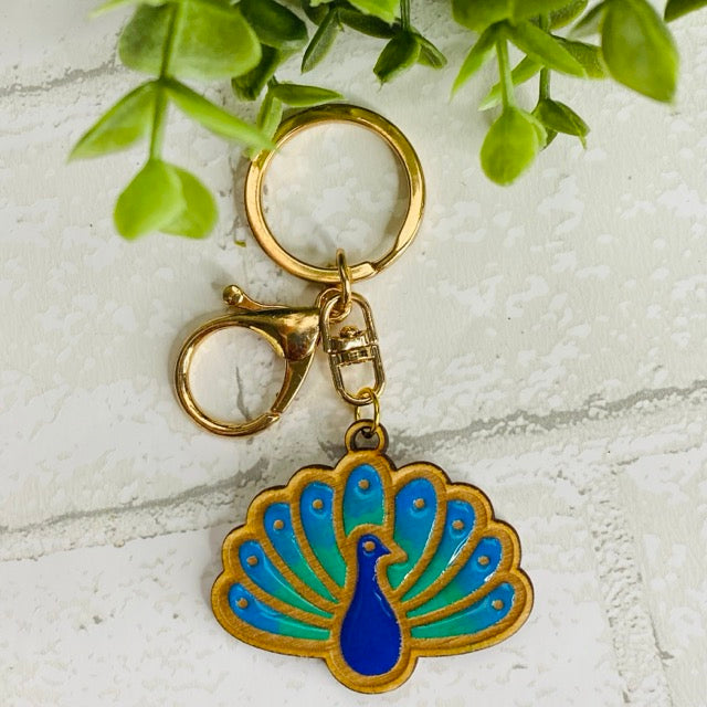 Peacock- Handmade Wood Keychain