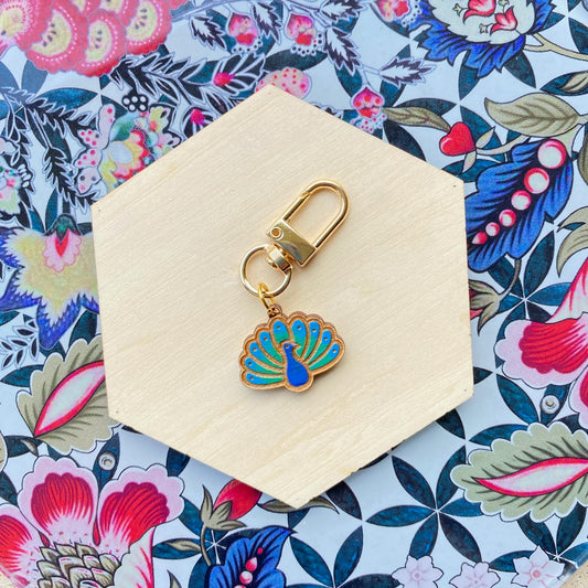 Peacock- Handmade Wood Bag Charm