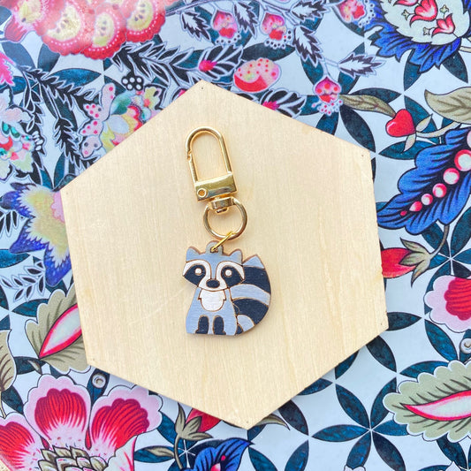Raccoon- Handmade Wood Bag Charm