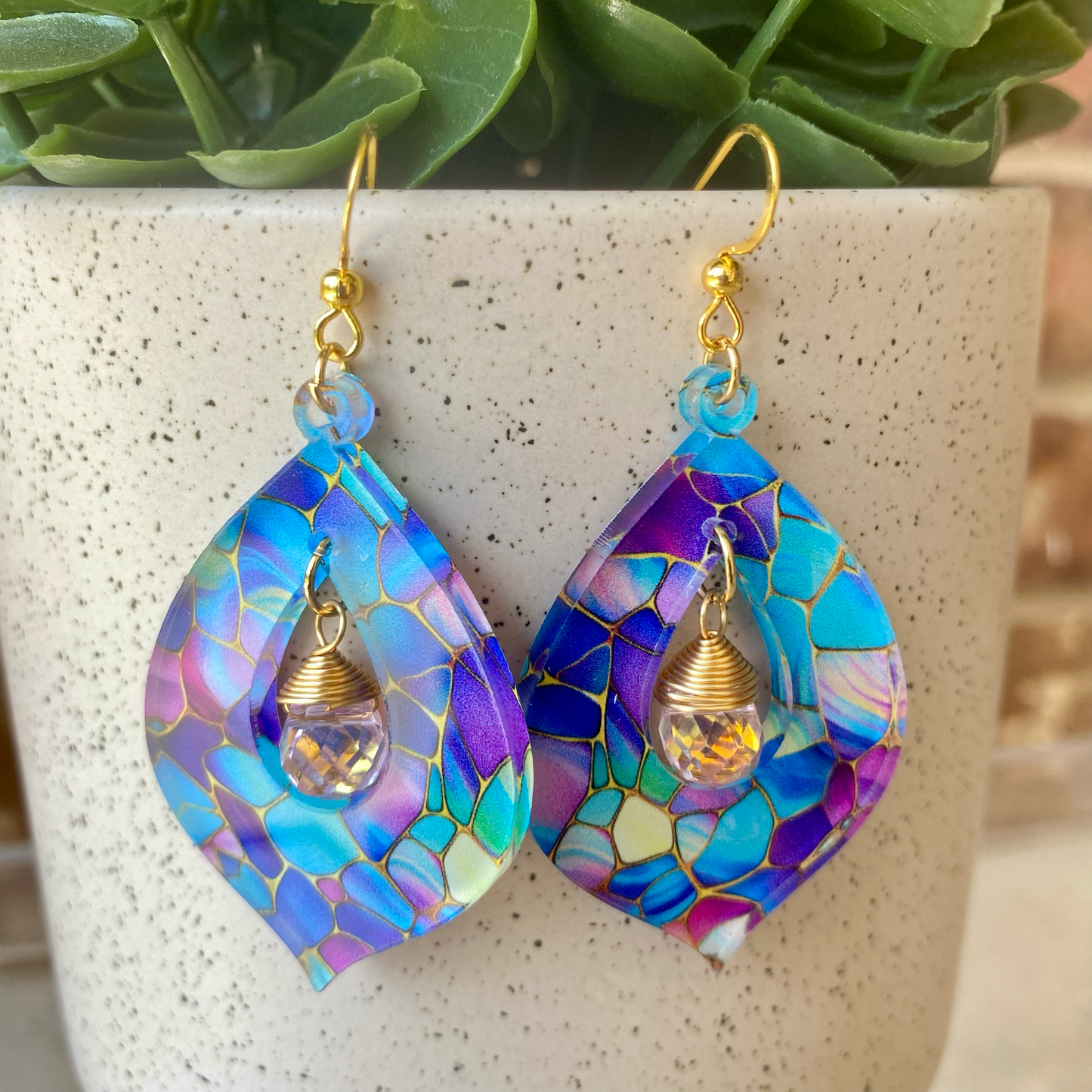 Stained Glass Teardrop Statement Dangle Earrings