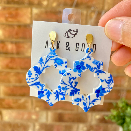 Blue and White Tile Drop Earrings