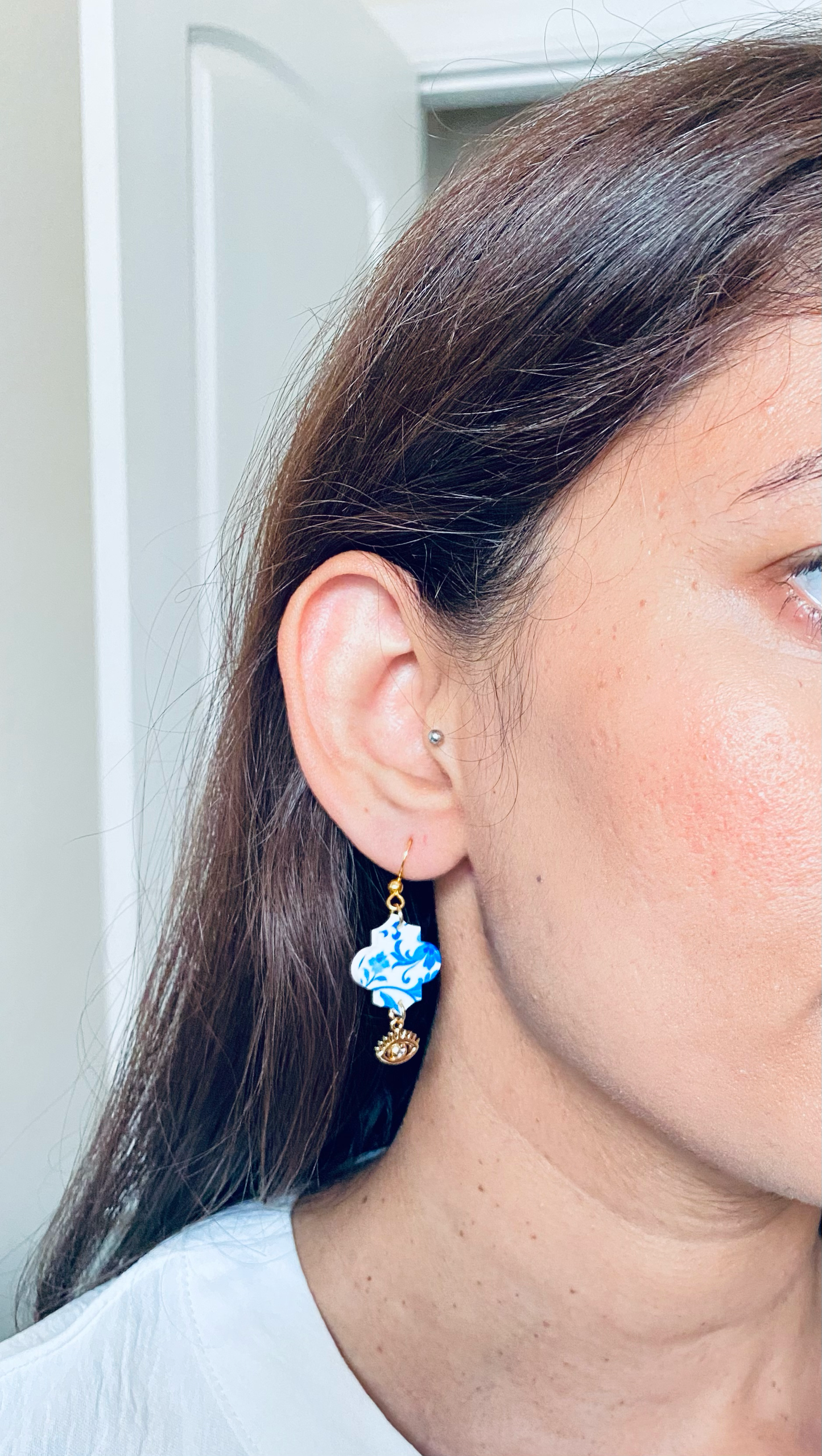 Blue and White Dangle Earrings with Evil Eye Charm