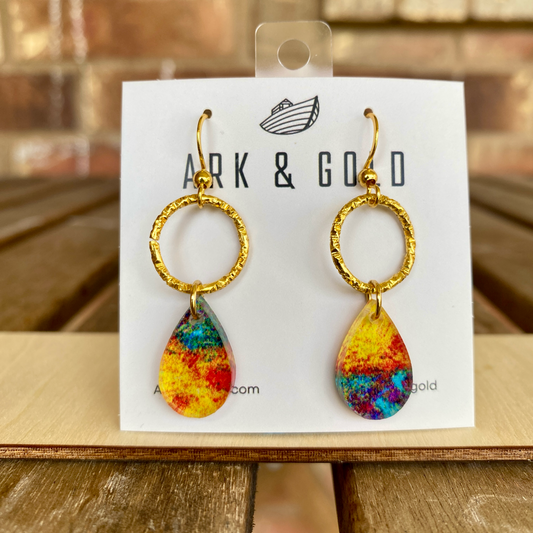 Abstract Yellow and Turquoise Acrylic drop earrings with Gold Ring