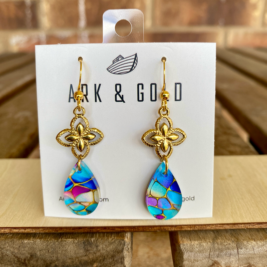 Small Stained Glass Drop Earrings with Gold Clover