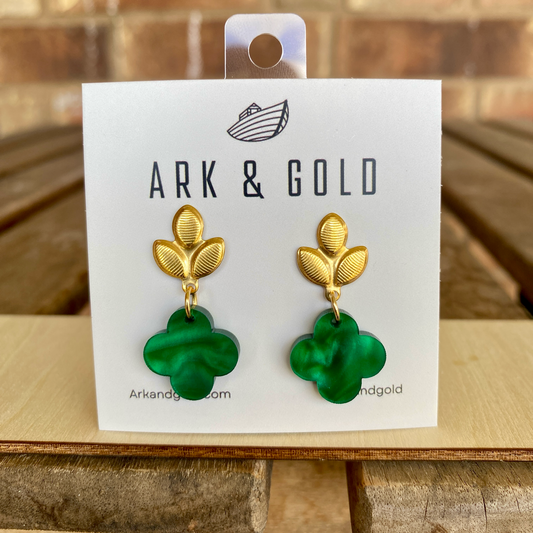 Green Marble Clover Quatrefoil Earrings with Gold Leaf Stud