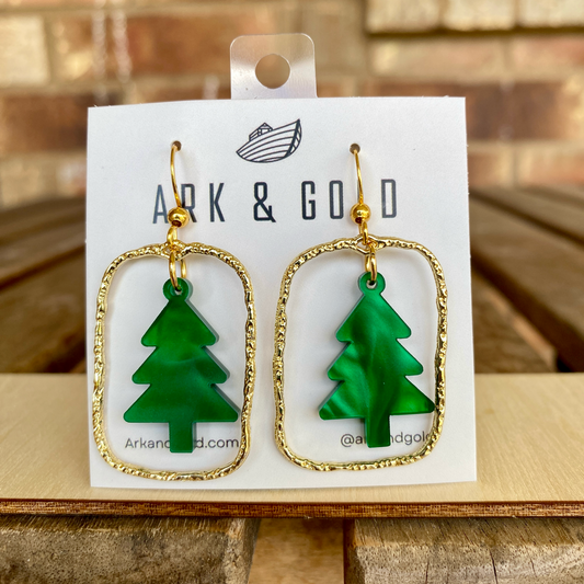 Green Marble Christmas Tree Acrylic Earrings with Handmade Gold Frame