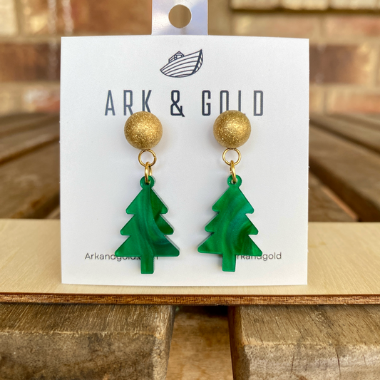 Green Marble Christmas Tree Acrylic Earrings with Gold Stud