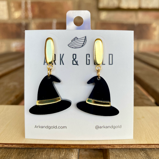 Black and Gold Acrylic Witch Hat Earrings for Halloween