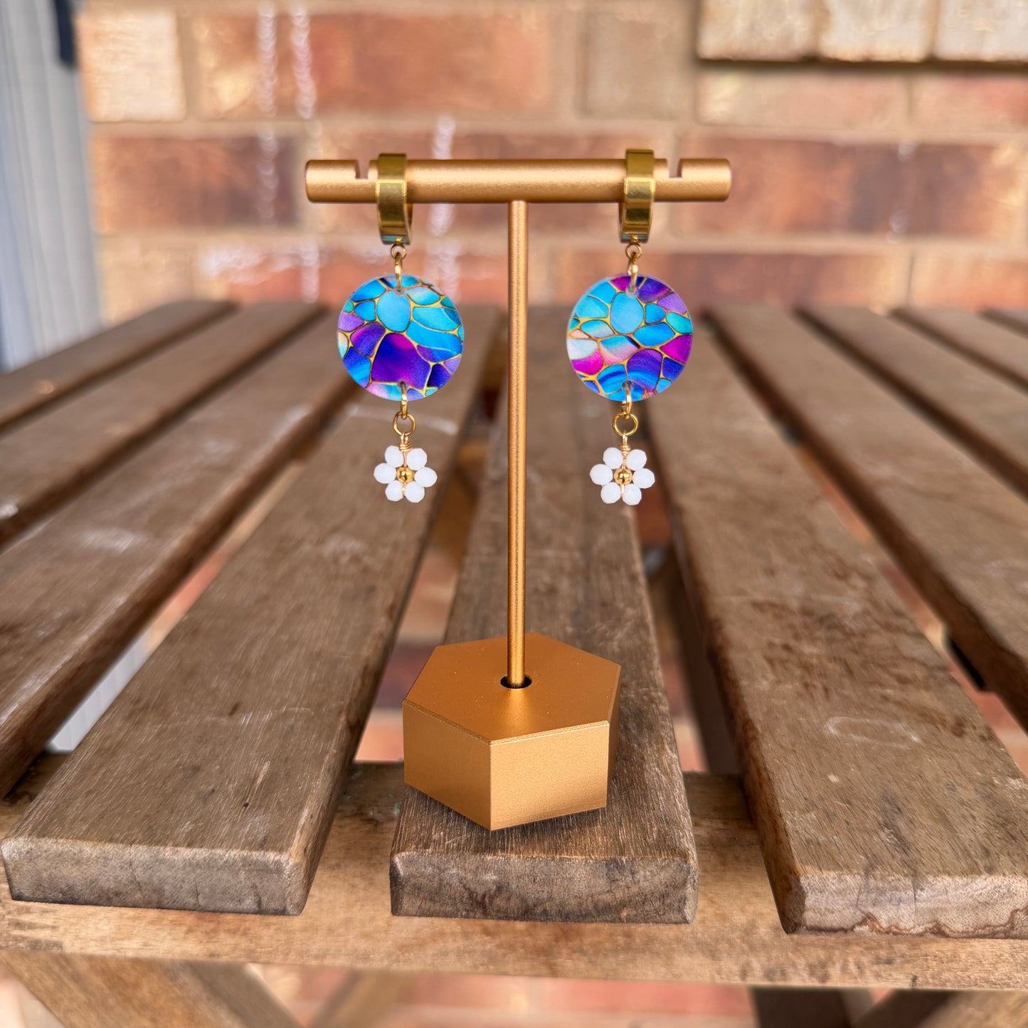 Stained Glass Circle with White Flower Dangle Earrings