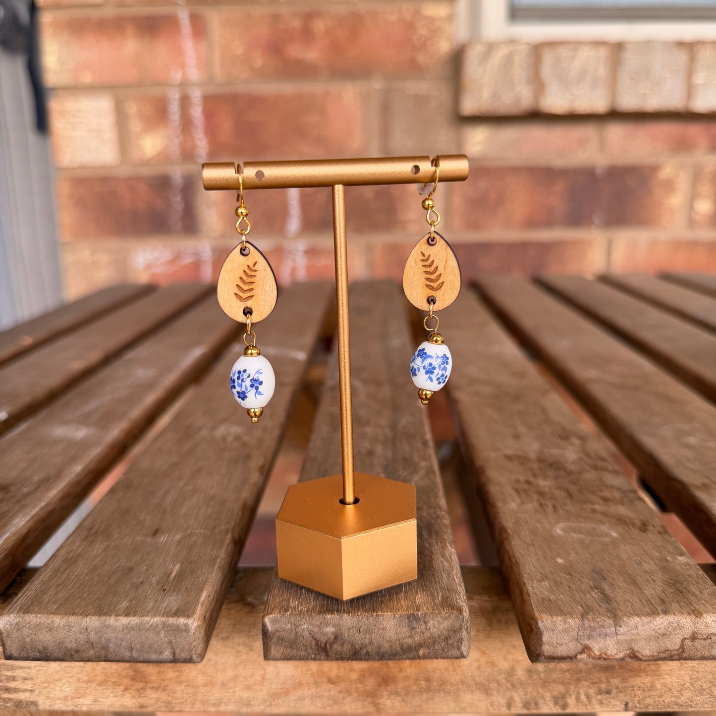 Chinoiserie Glass bead and Engraved Wood Drop Dangle Earrings