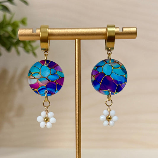 Stained Glass Circle with White Flower Dangle Earrings