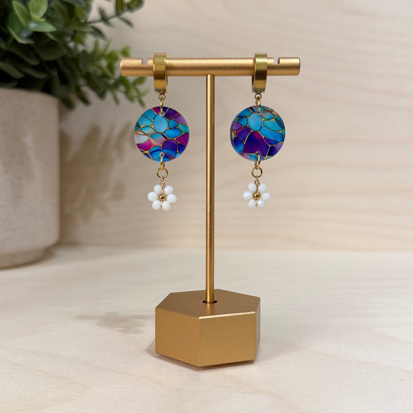 Stained Glass Circle with White Flower Dangle Earrings