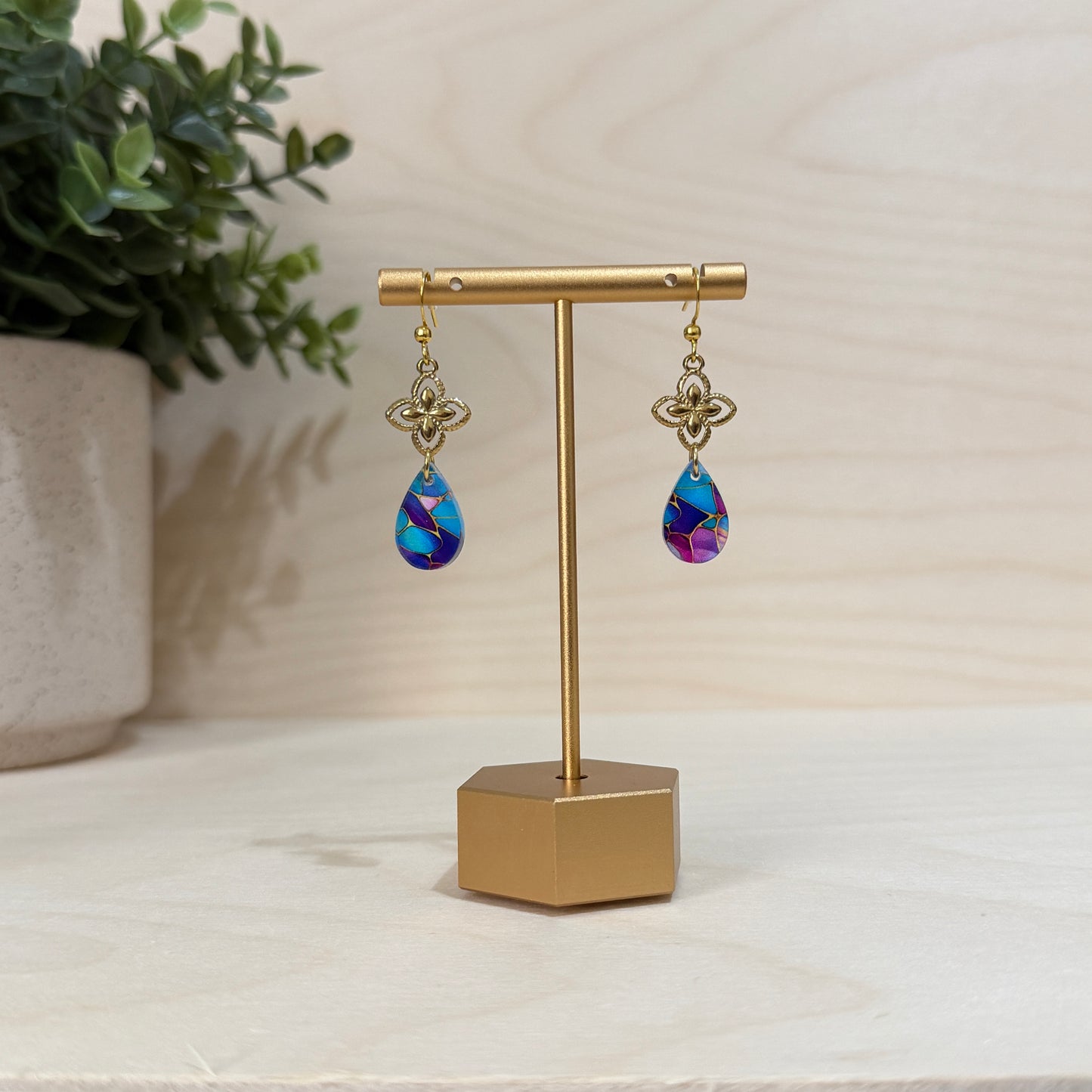 Small Stained Glass Drop Earrings with Gold Clover