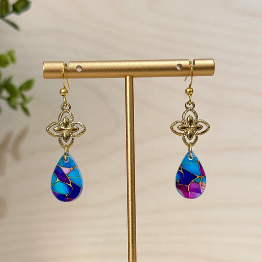 Small Stained Glass Drop Earrings with Gold Clover