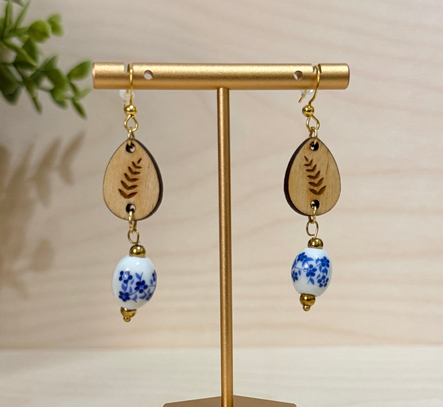 Chinoiserie Glass bead and Engraved Wood Drop Dangle Earrings