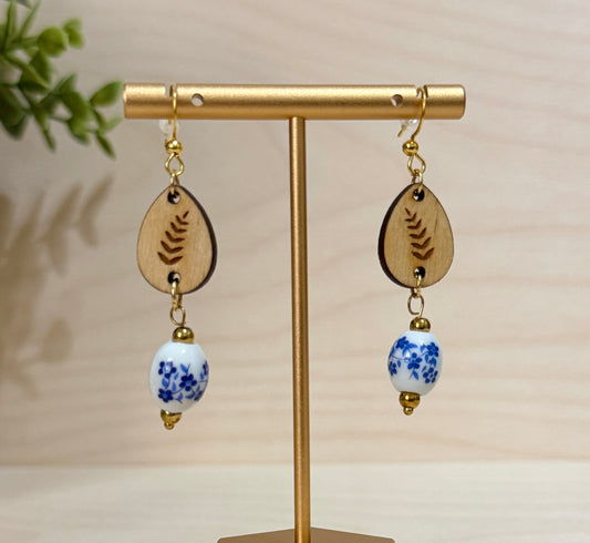 Chinoiserie Glass bead and Engraved Wood Drop Dangle Earrings