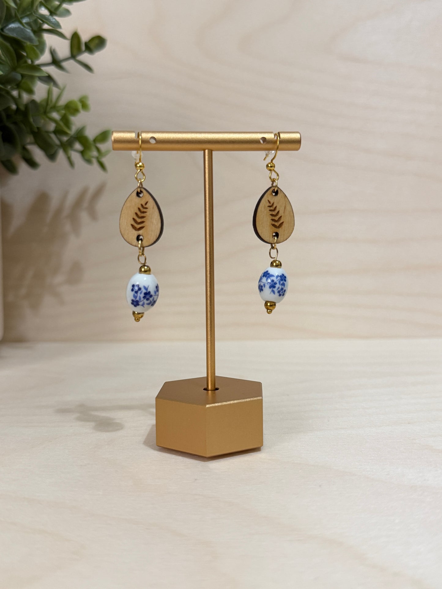 Chinoiserie Glass bead and Engraved Wood Drop Dangle Earrings