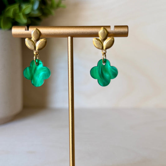 Green Marble Clover Quatrefoil Earrings with Gold Leaf Stud