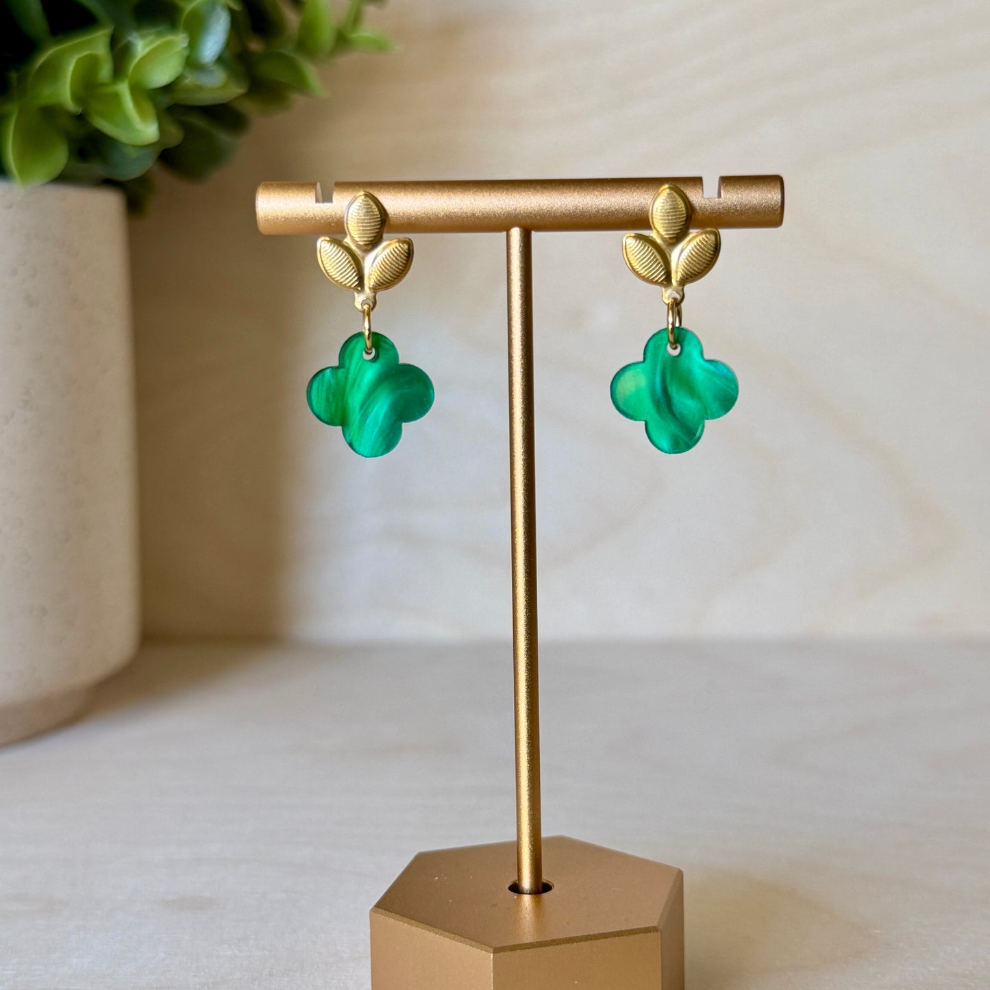 Green Marble Clover Quatrefoil Earrings with Gold Leaf Stud