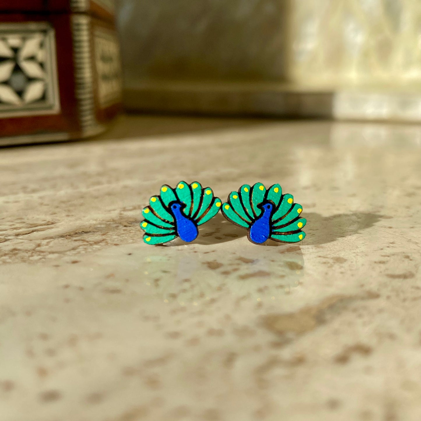 Peacock Studs- Handmade Wood Earrings