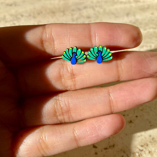 Peacock Studs- Handmade Wood Earrings