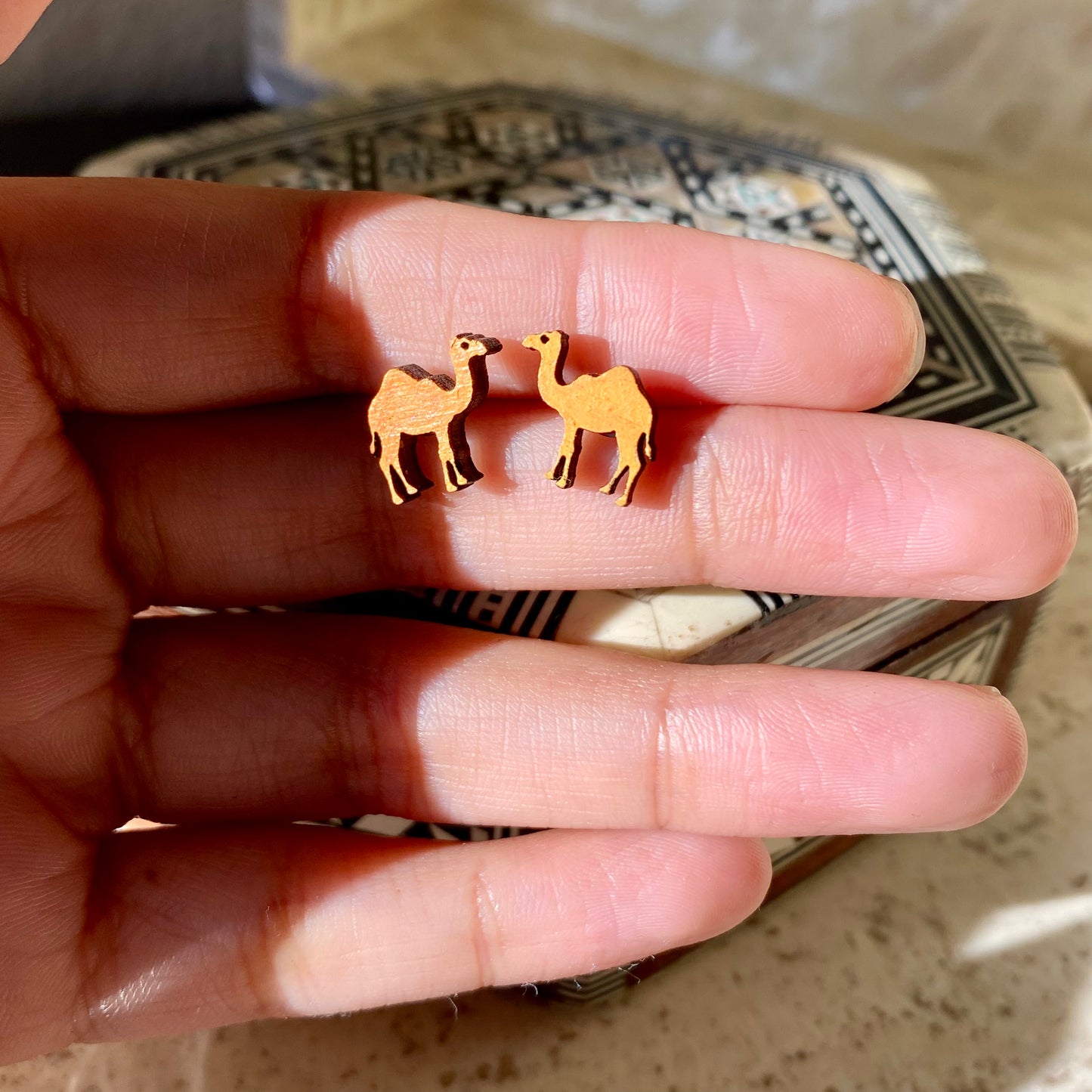 Camel Studs- Handmade Wood Earrings