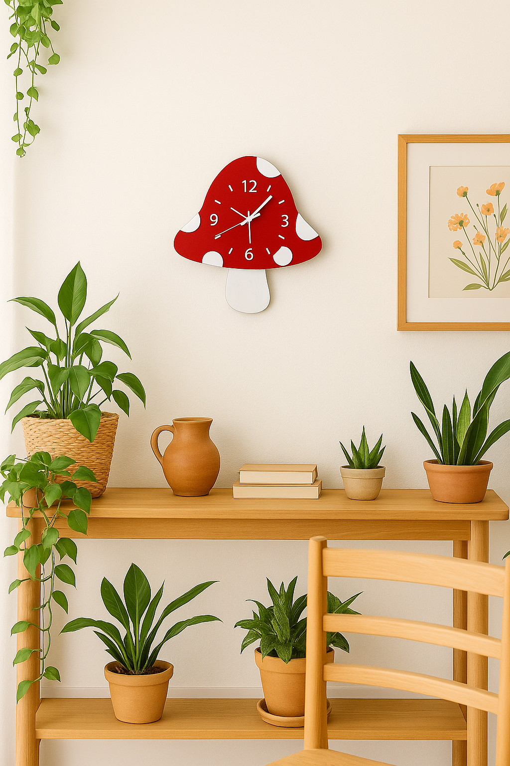 Wooden shelf with plants and a red mushroom-shaped clock on a light-colored wall.