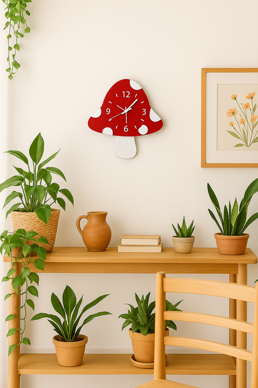 Wooden shelf with plants and a red mushroom-shaped clock on a light-colored wall.