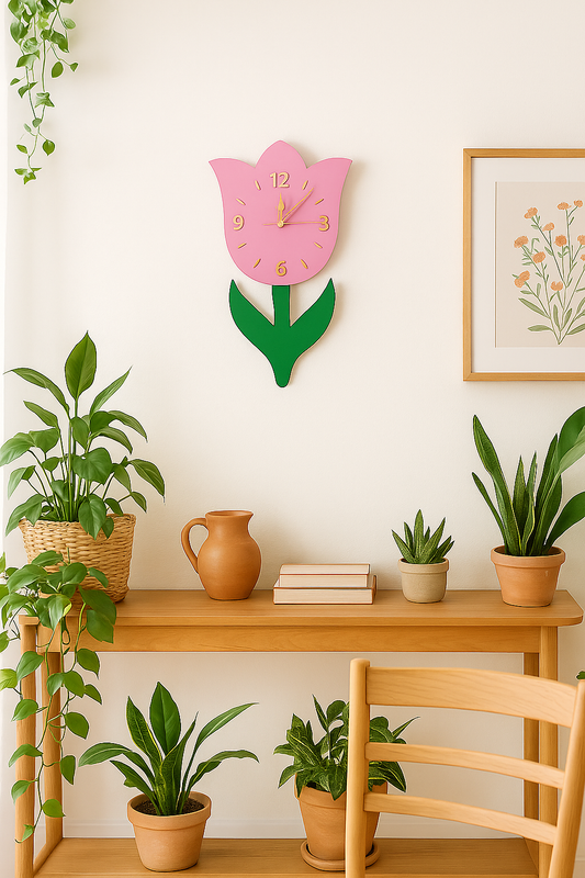 Pink tulip-shaped clock on a wall above a wooden desk with plants and books.