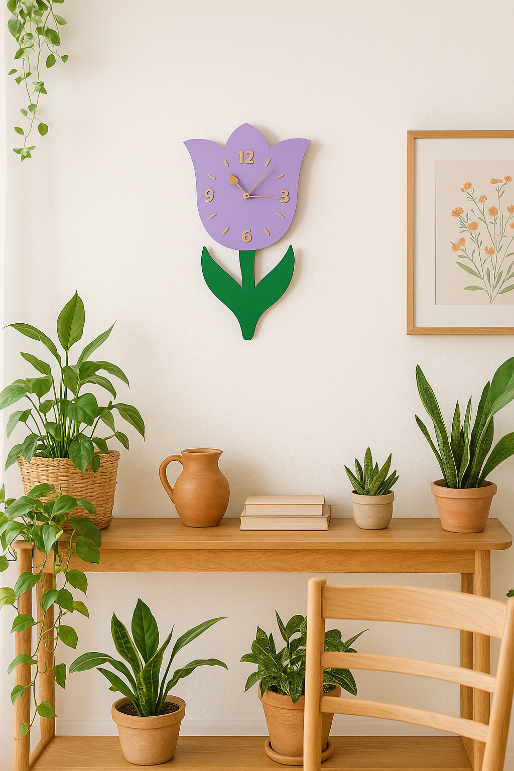 Decorative clock shaped like a flower on a wall above a wooden table with plants.